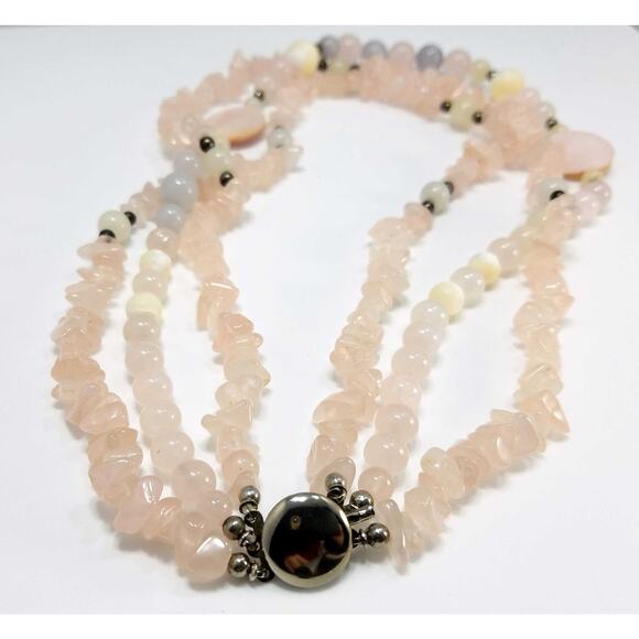 Rose Quartz Gemstone Beaded Necklace Silver Plated Clasp 1960s Vintage - Picture 4 of 10